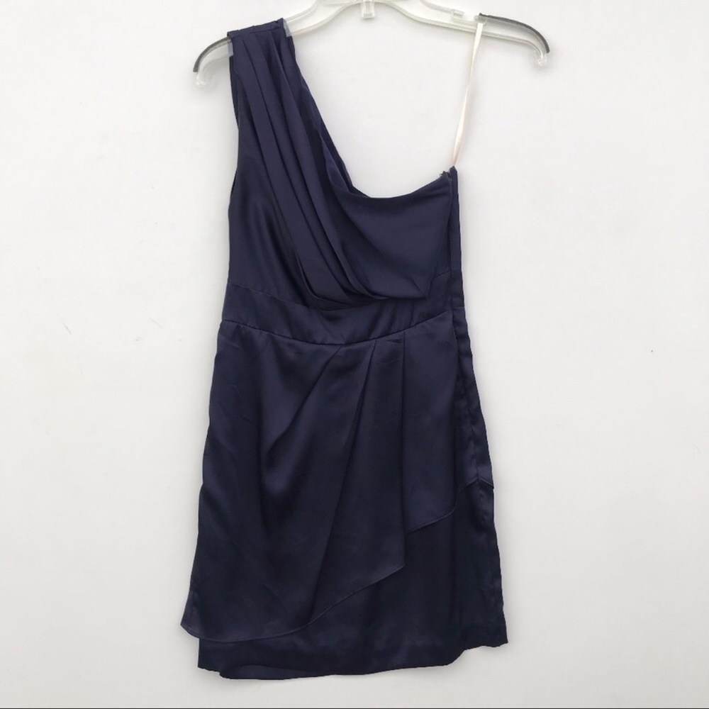 bcbg satin one shoulder mini dress